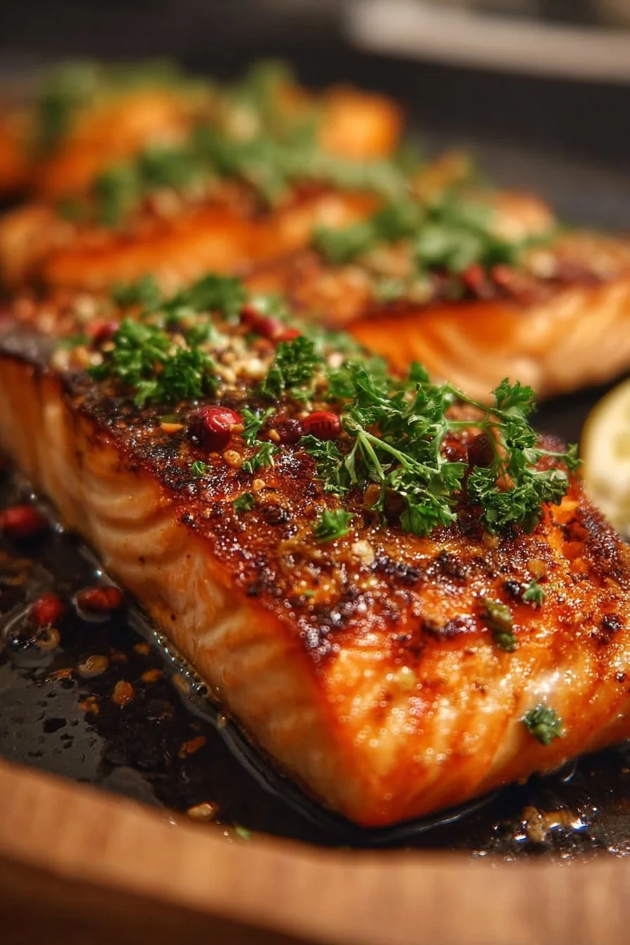 Plate of Bang Bang Salmon garnished and ready to serve