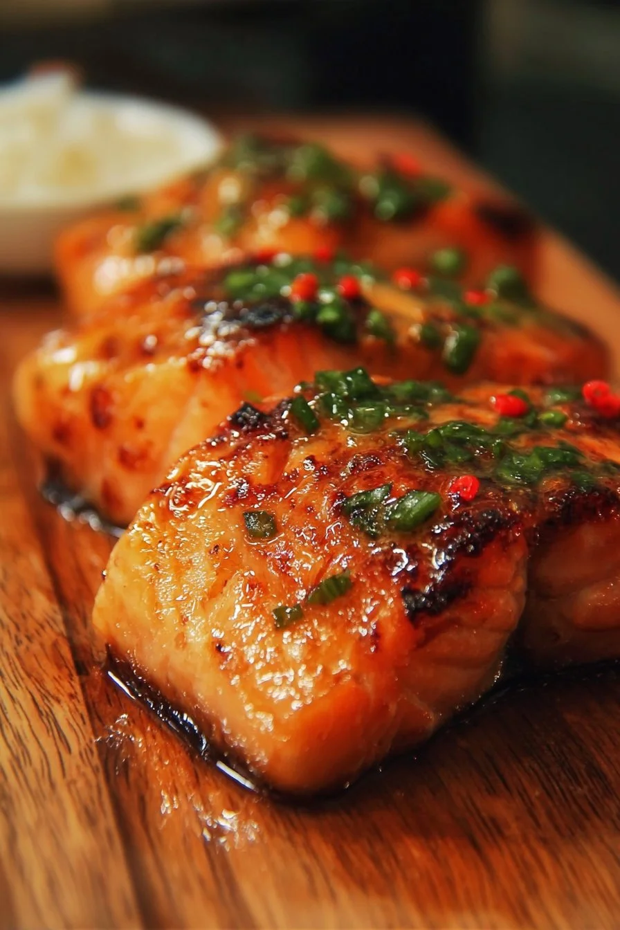 Delicious Bang Bang Salmon with spicy sauce garnished on a plate