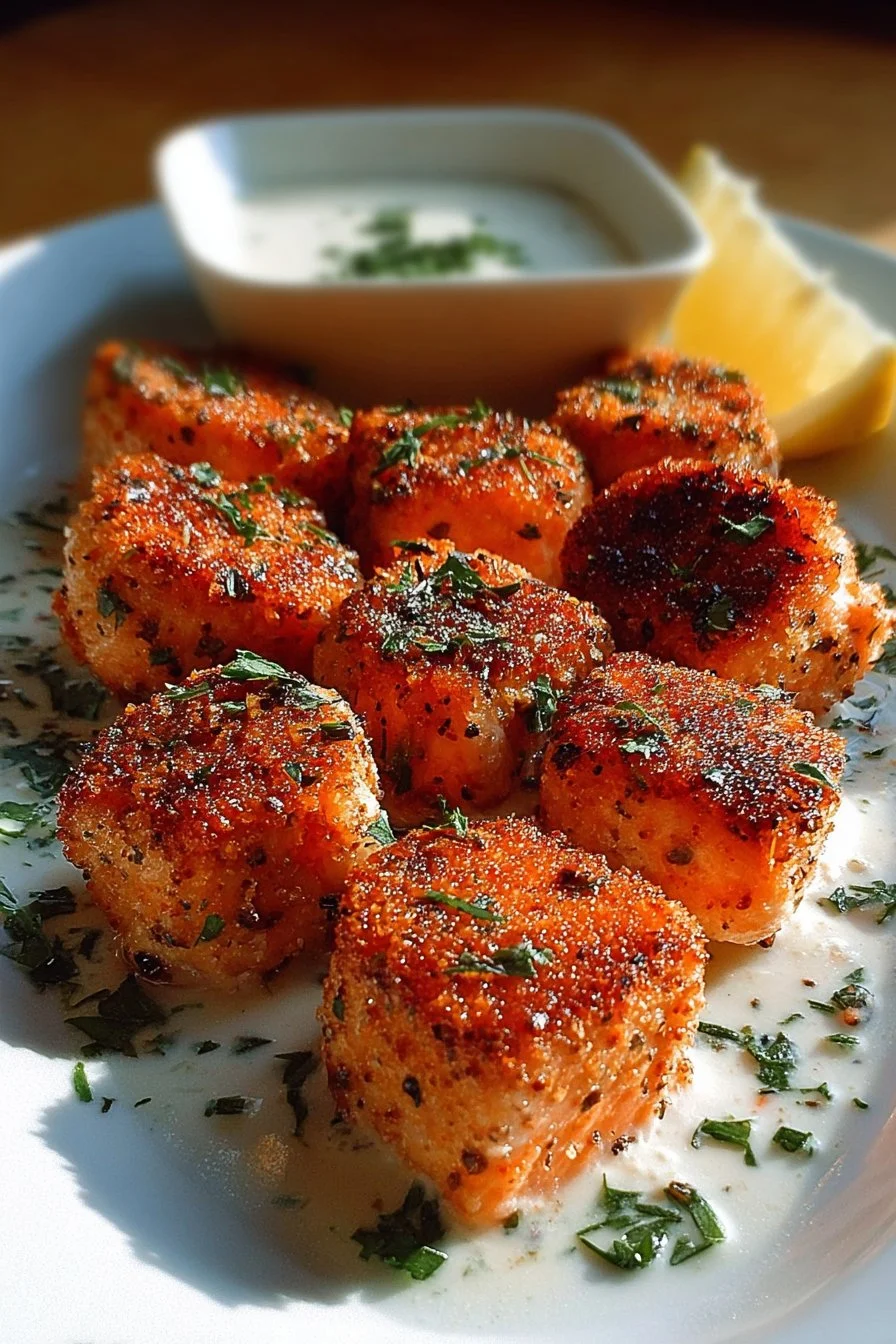 Bang Bang Salmon Bites 2 Bang Bang Salmon Bites served on a plate with dipping sauce