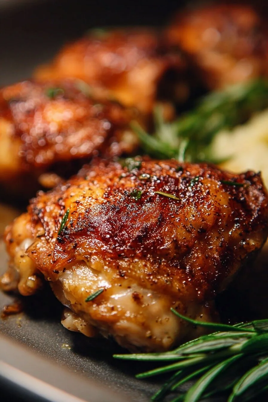 Bone-In Crispy Oven-Baked Chicken Thighs 2 Crispy oven-baked chicken thighs served on a plate with herbs