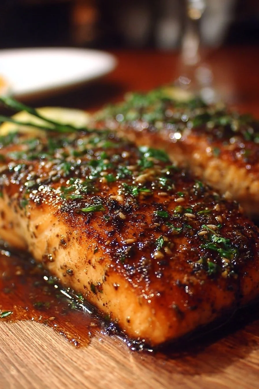 Brown Sugar Garlic Glazed Salmon 2 Delicious brown sugar garlic glazed salmon garnished with herbs