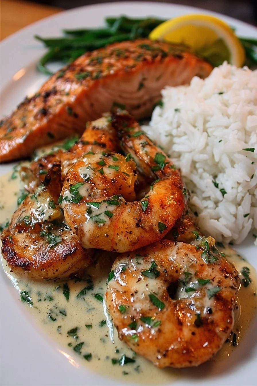Cajun shrimp and salmon in garlic cream sauce served on a plate