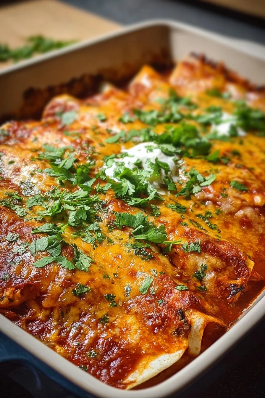 Plate of cheesy chicken enchiladas topped with melted cheese and fresh cilantro