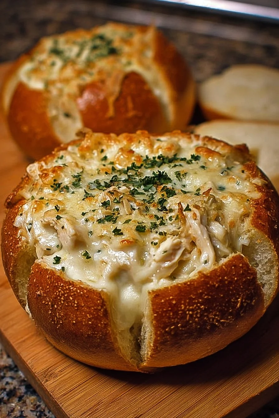 Chicken Alfredo Garlic Bread Bowl 2 Chicken Alfredo Garlic Bread Bowl filled with creamy pasta and chicken