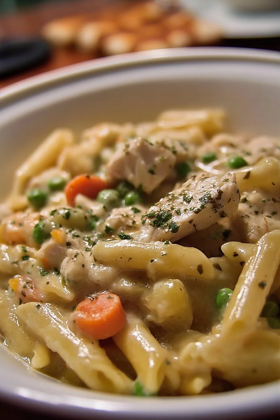 Chicken Pot Pie Pasta 2 Delicious Chicken Pot Pie Pasta served in a bowl with fresh ingredients