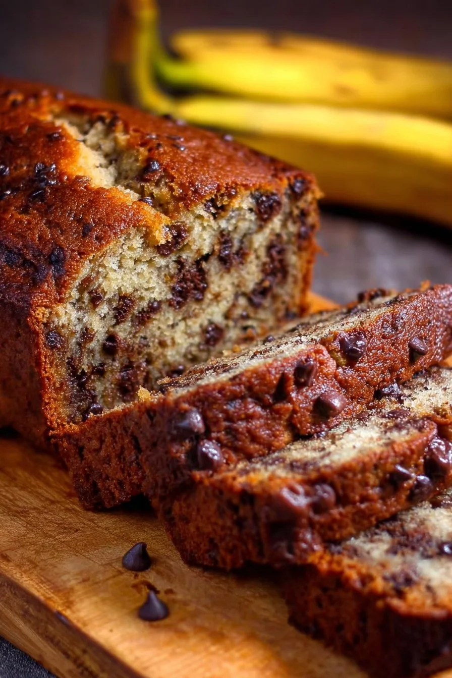 Chocolate Chip Banana Bread 2 Delicious Chocolate Chip Banana Bread sliced on a wooden board