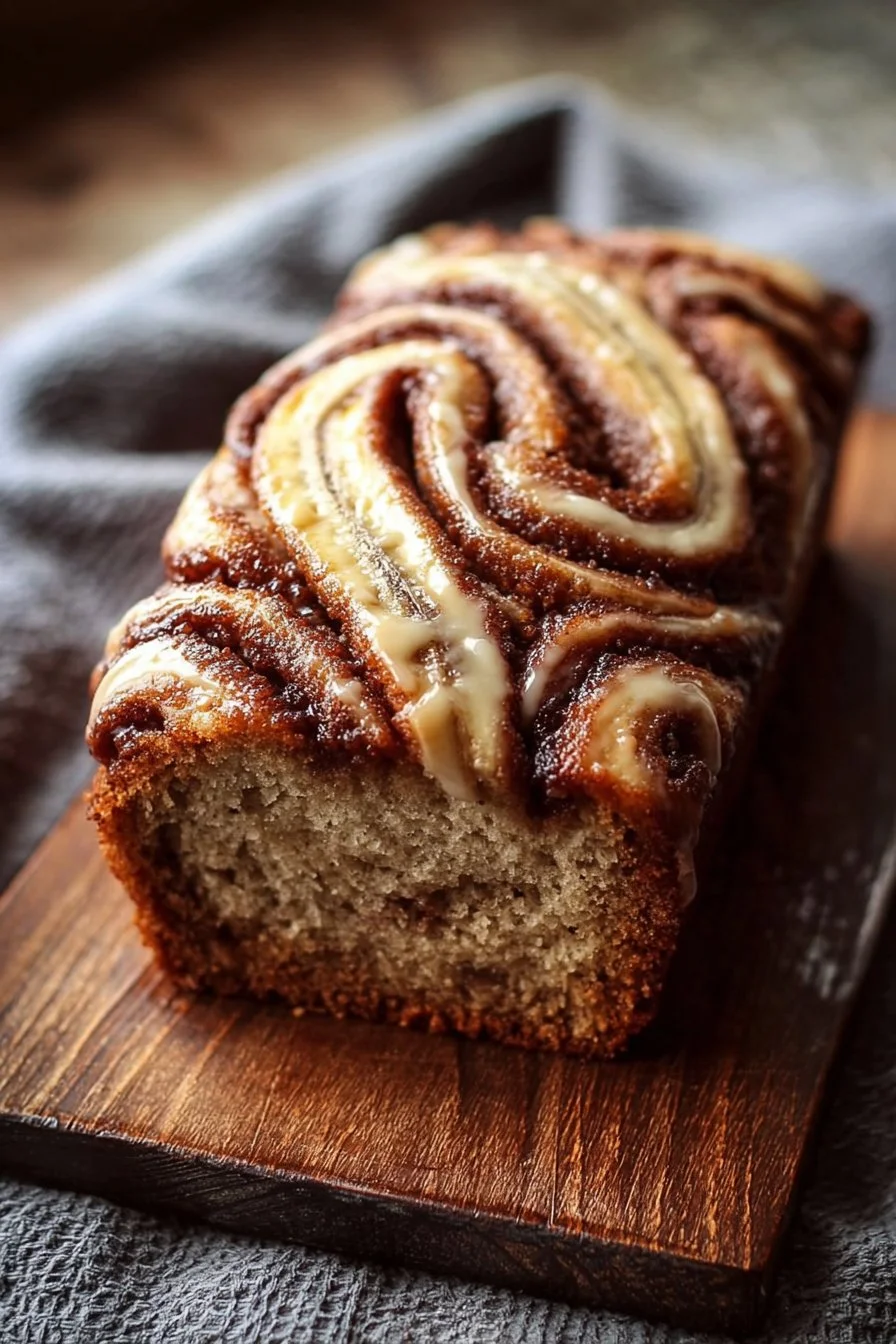 Slice of cinnamon roll banana bread with icing on a plate