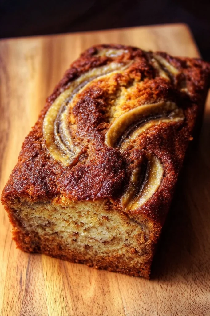 Cinnamon Swirl Banana Bread fresh out of the oven, sliced on a cutting board.