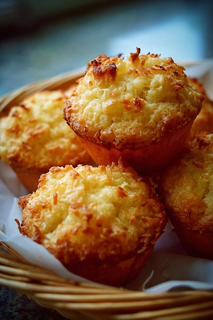 Freshly baked Coconut Pineapple Muffins on a cooling rack