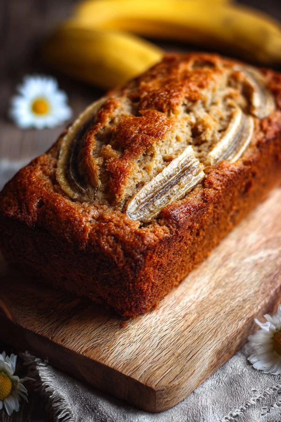 Comforting Banana Bread 2 Homemade banana bread freshly baked with walnuts and bananas on a wooden table