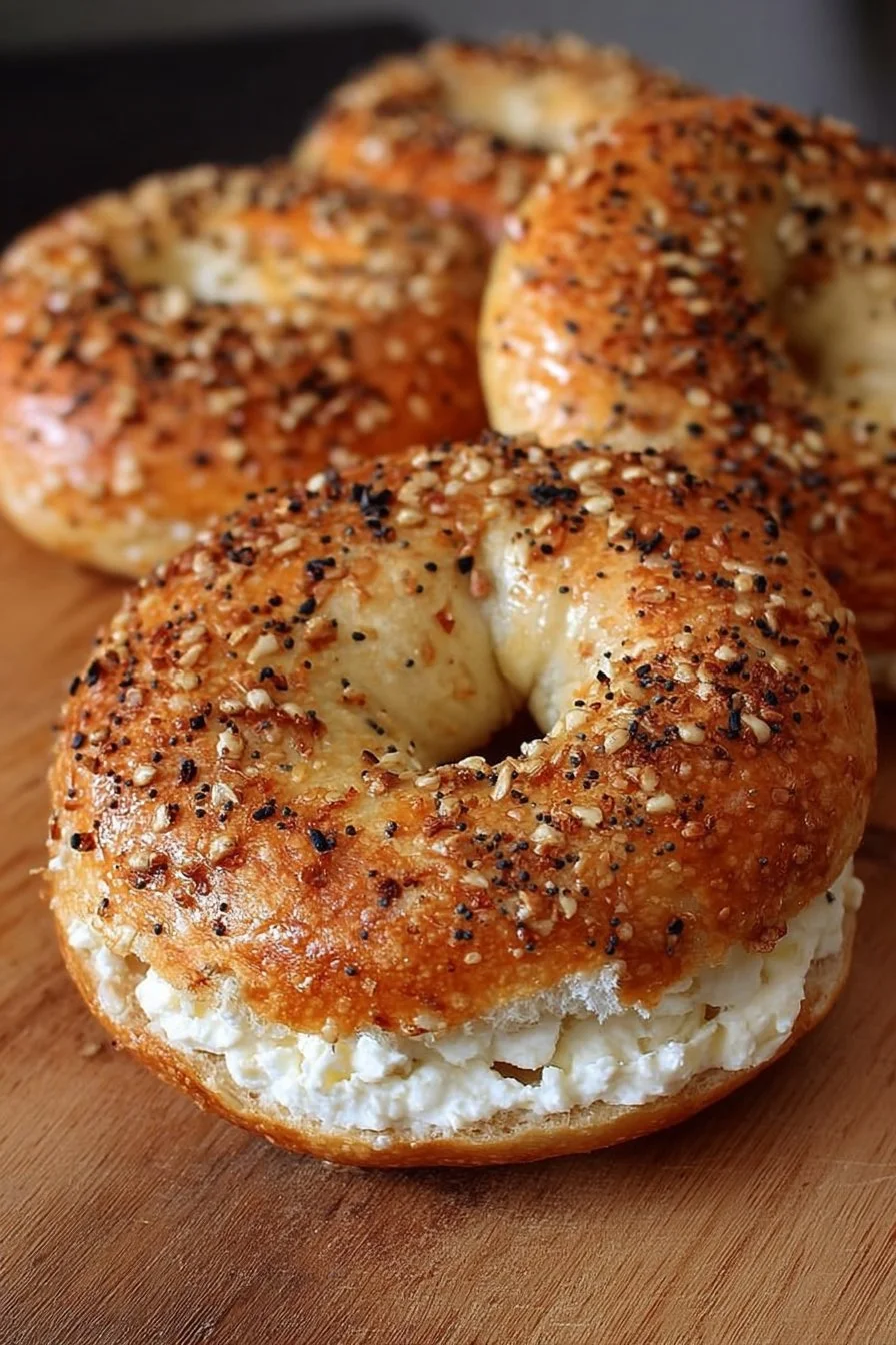 Freshly baked cottage cheese bagels on a wooden surface with toppings.
