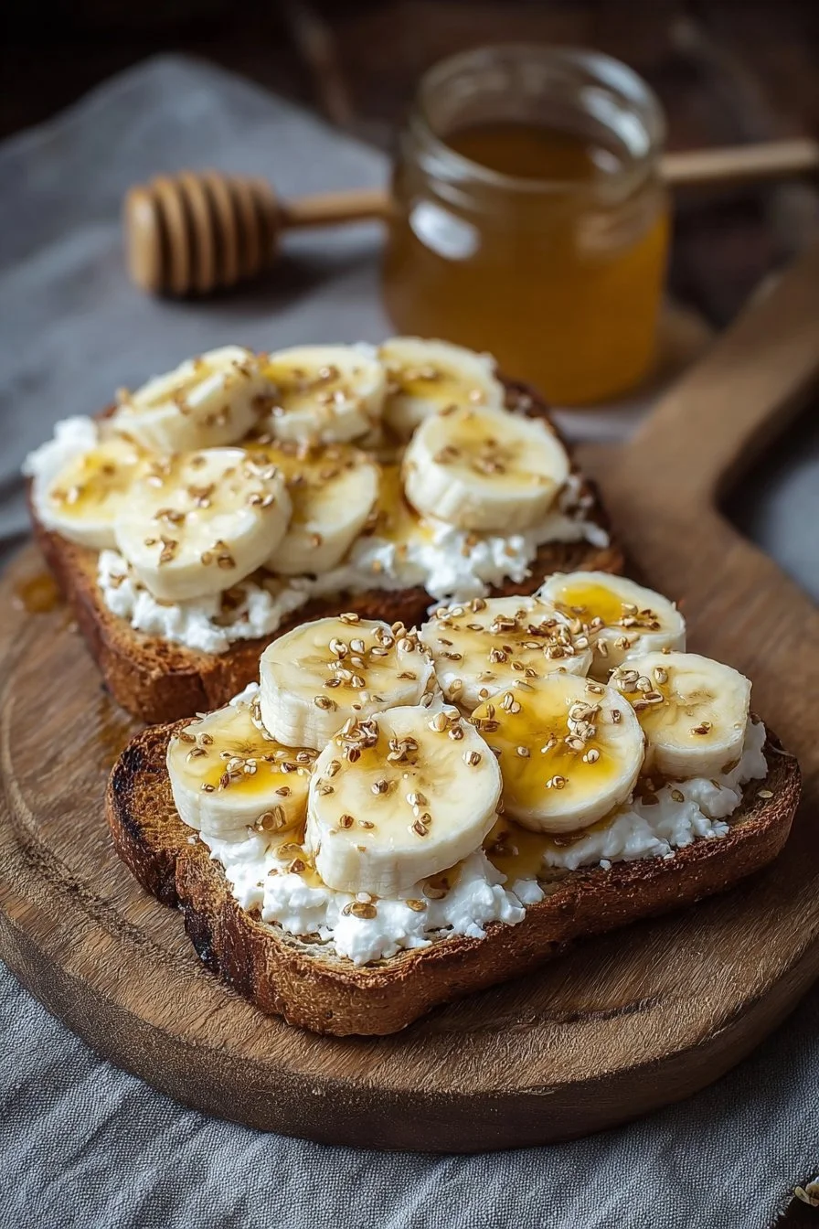 Cottage Cheese Banana Toast 2 Cottage cheese banana toast topped with sliced bananas and honey on whole grain bread