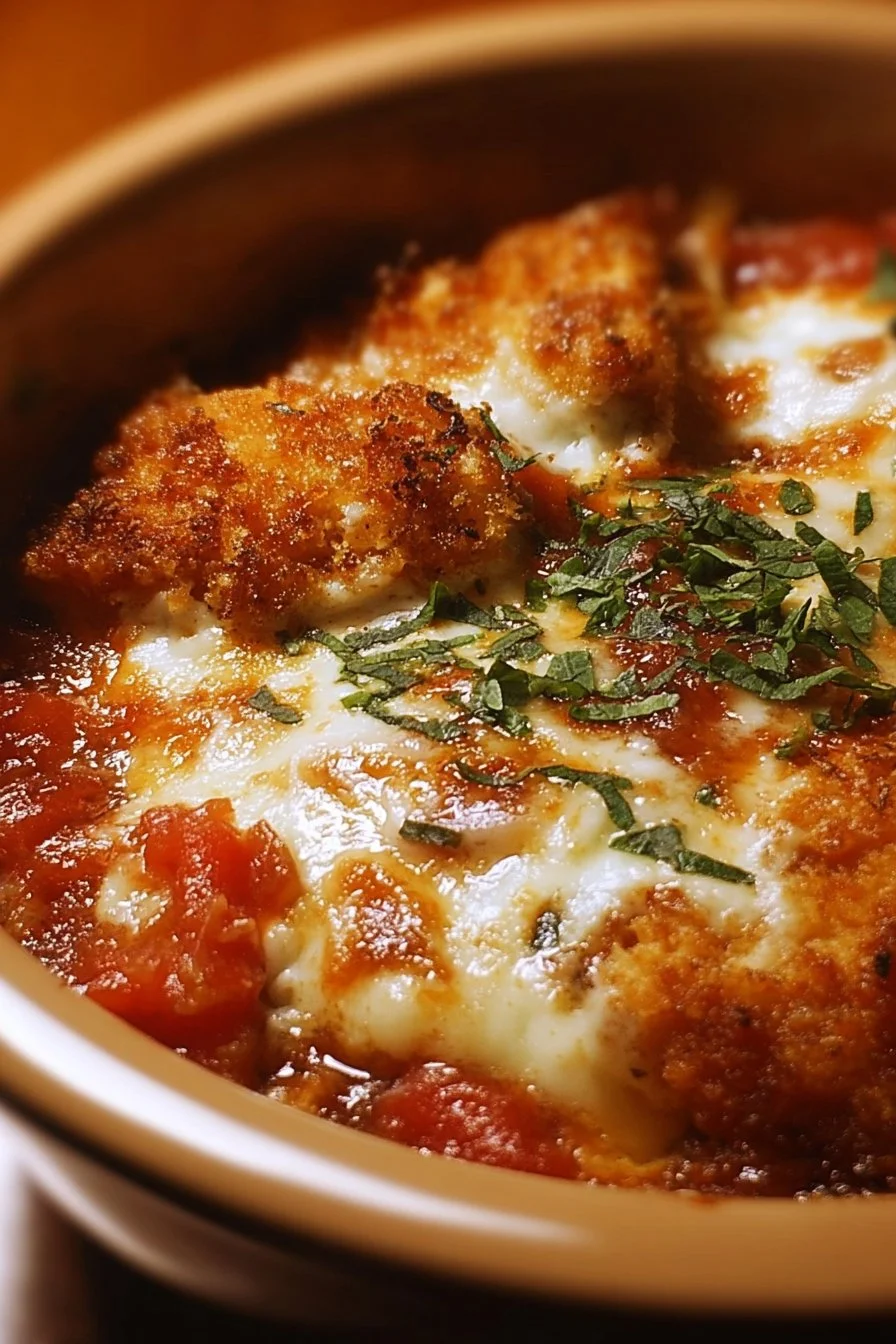 Cottage Cheese Chicken Parmesan Bowl topped with fresh herbs and cheese