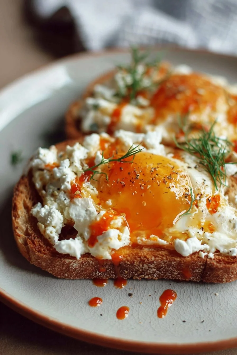 Cottage Cheese Egg & Sriracha Toast 2 Cottage Cheese Toast with eggs and sriracha on a wooden table