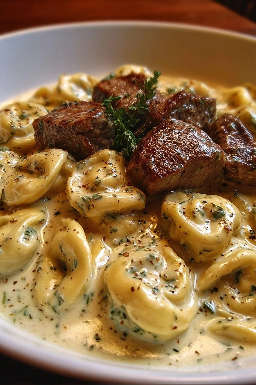 Cracked garlic steak tortellini with creamy sauce on a plate