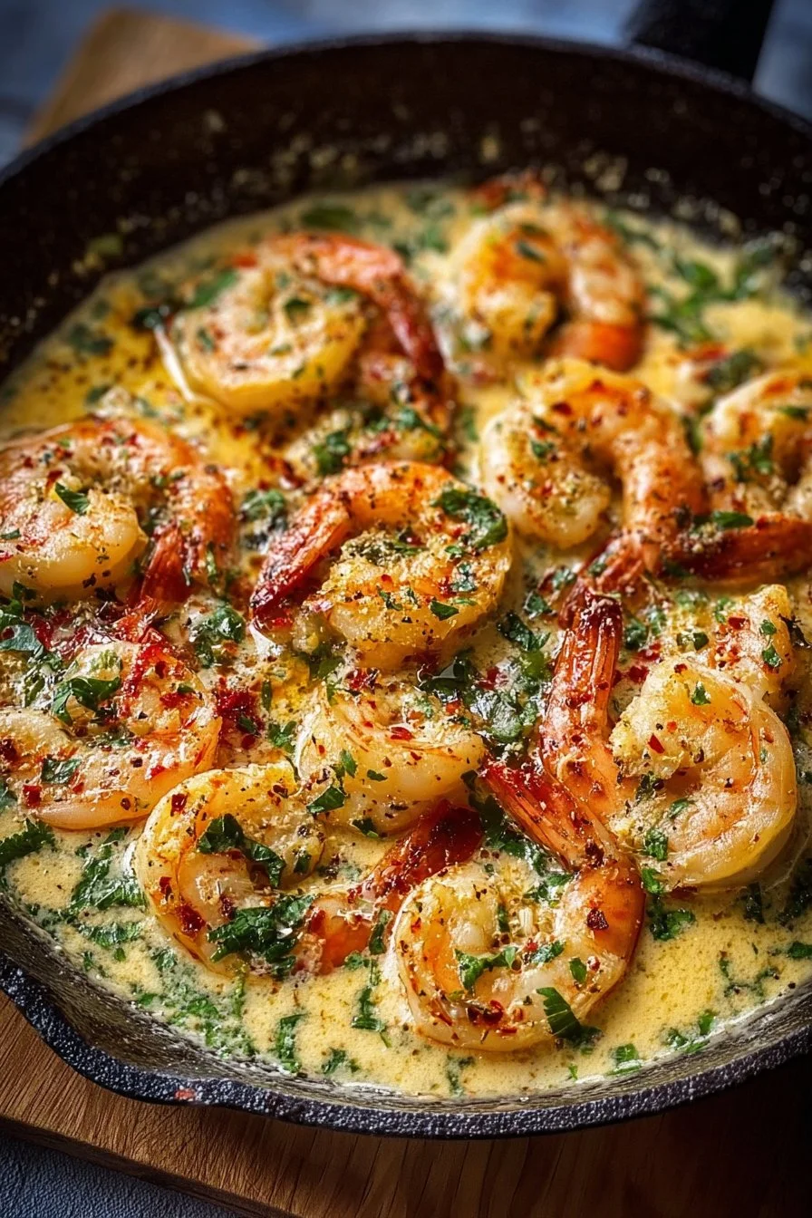 Creamy Garlic Shrimp 2 Creamy garlic shrimp dish garnished with parsley and served on a plate