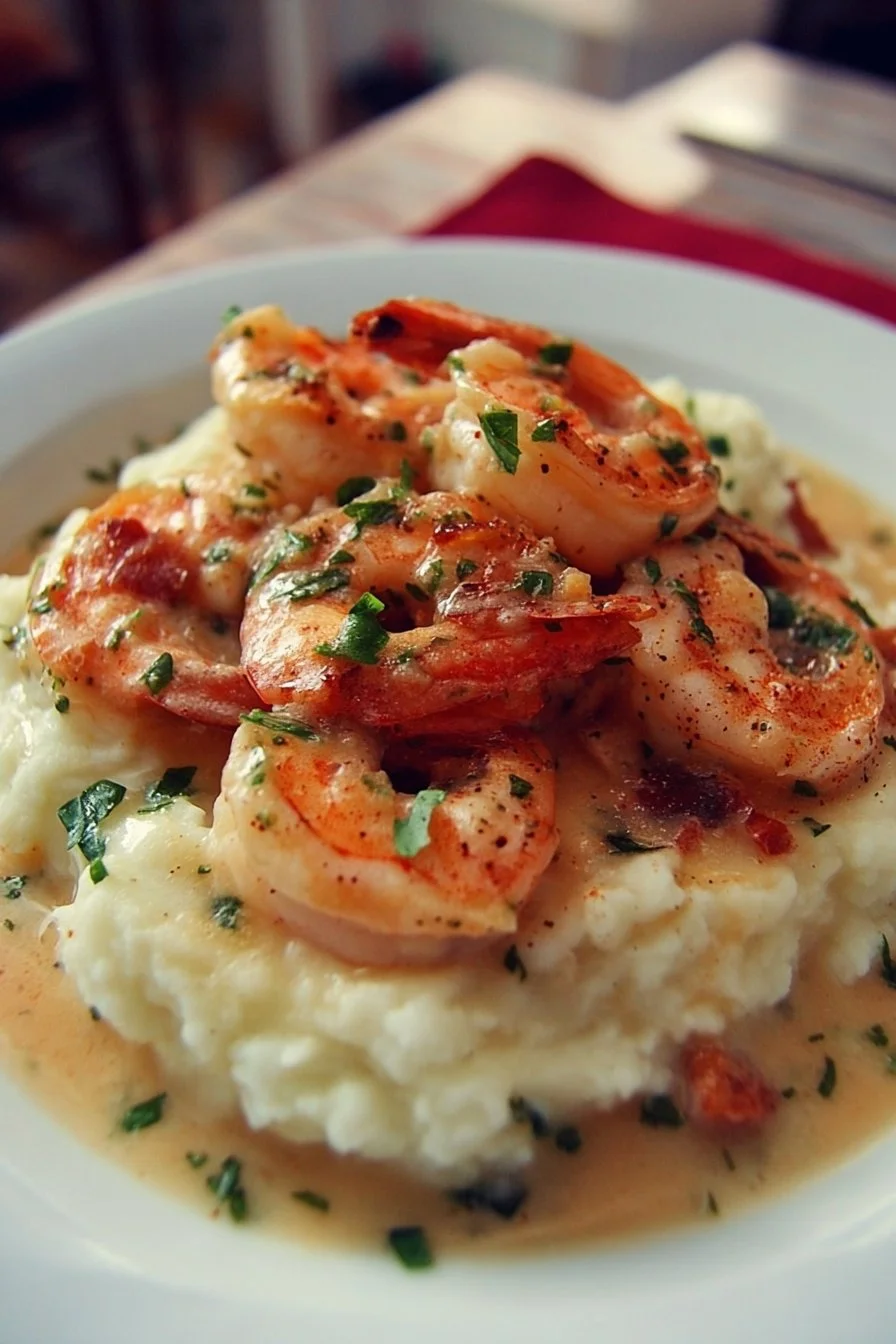 Creamy Garlic Shrimp Over Mashed Potatoes 2 Creamy garlic shrimp dish served over mashed potatoes in a bowl