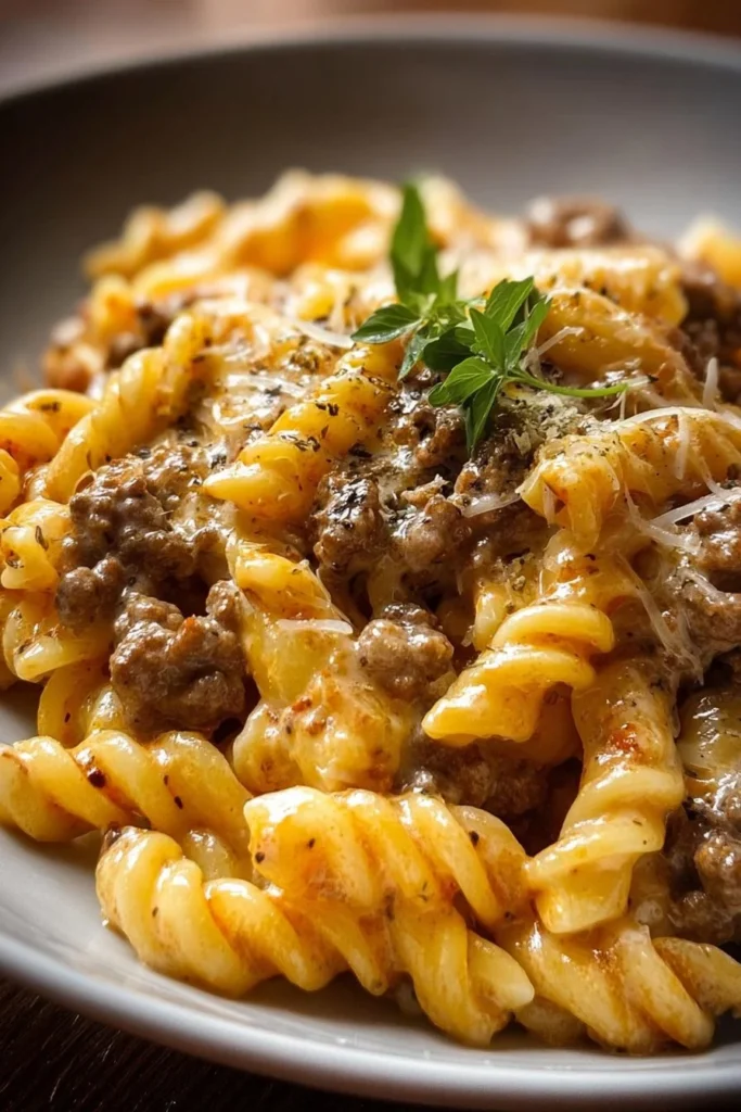 Creamy ground beef pasta served in a bowl with Parmesan cheese and herbs.