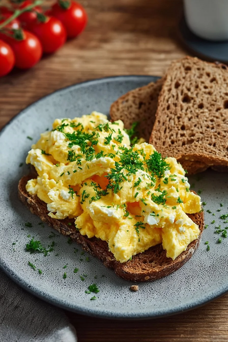 Creamy Scrambled Eggs with Cottage Cheese 2 Delicious creamy scrambled eggs mixed with cottage cheese on a plate
