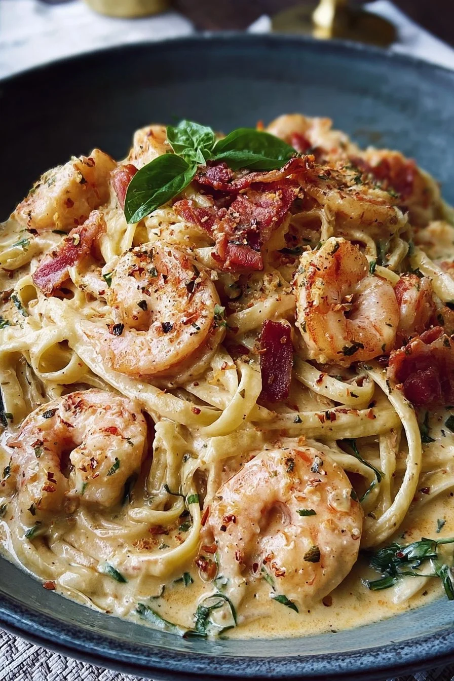 Plate of creamy Tuscan shrimp linguine with vibrant spinach and tomatoes