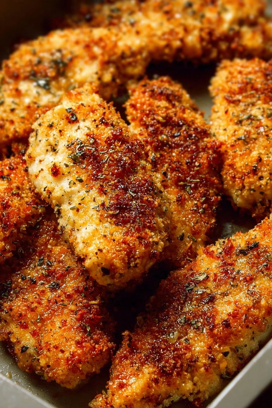 Crispy garlic parmesan chicken served with herbs and spices
