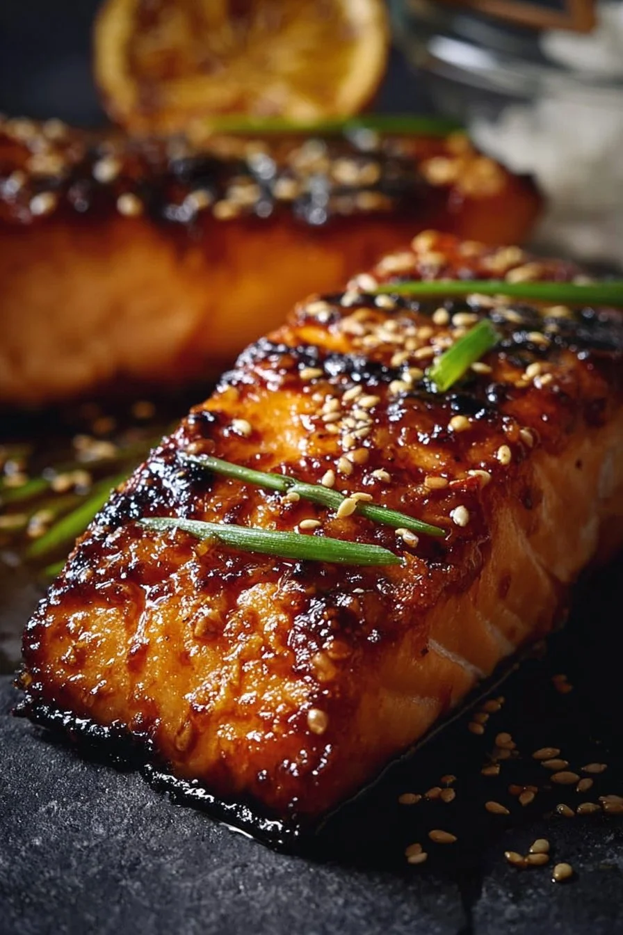Crispy honey garlic glazed salmon served with vegetables on a plate.