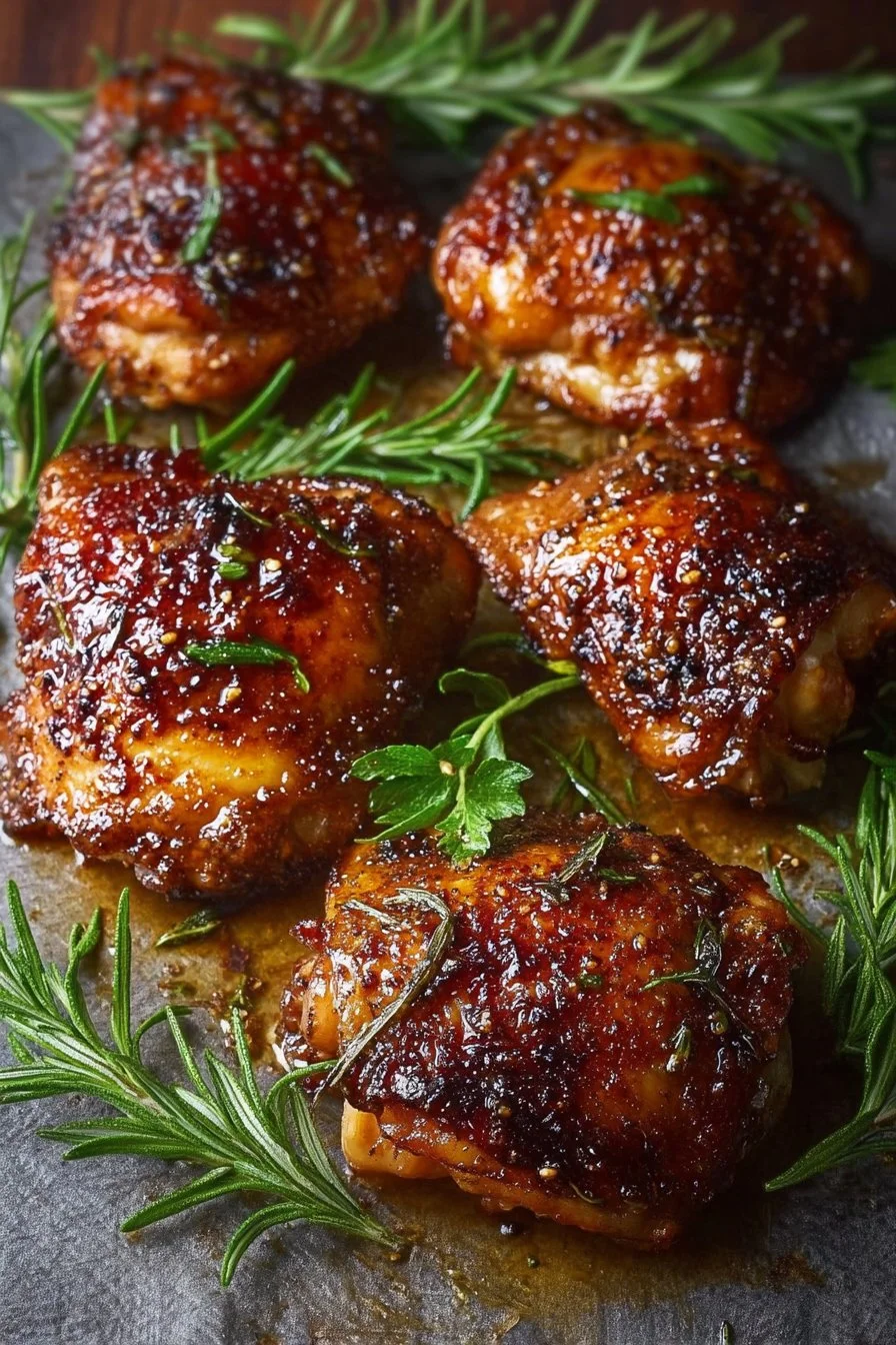 Crispy oven baked chicken thighs served on a platter with herbs