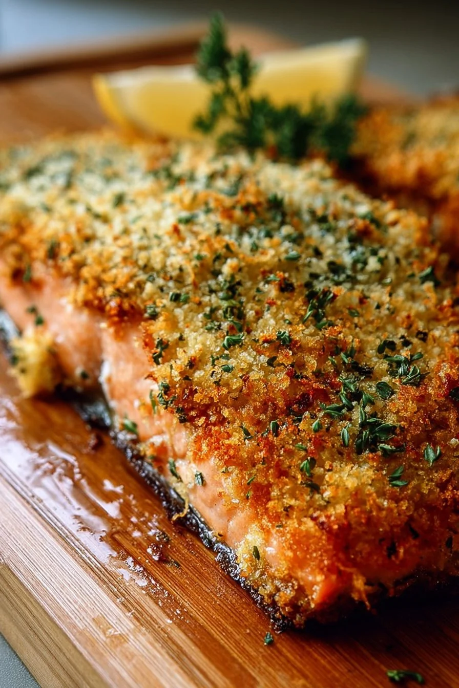Crispy Parmesan Salmon Bake fresh out of the oven, garnished and ready to serve.