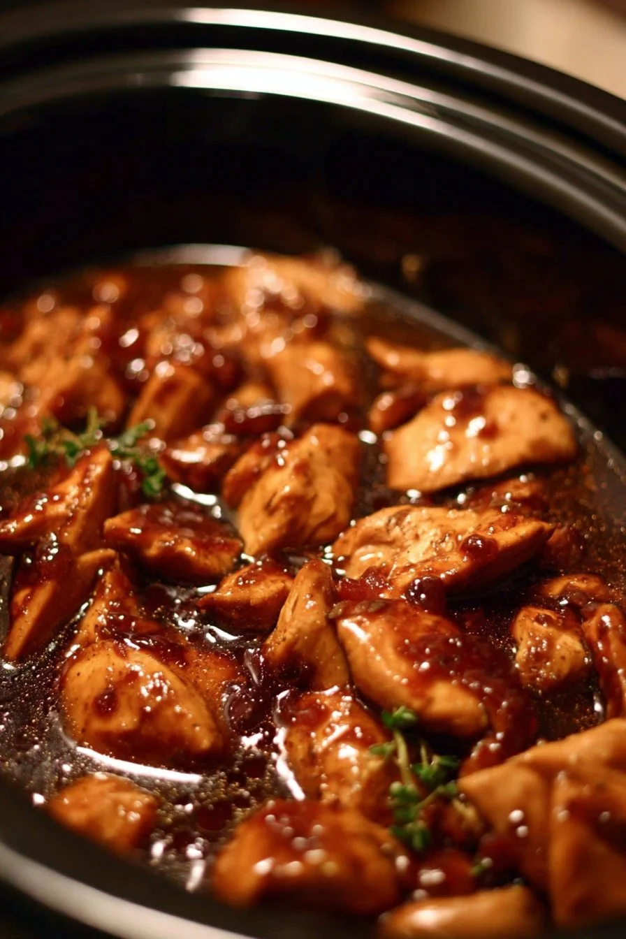 Crock Pot Bourbon Chicken with a savory glaze and tender pieces of chicken.