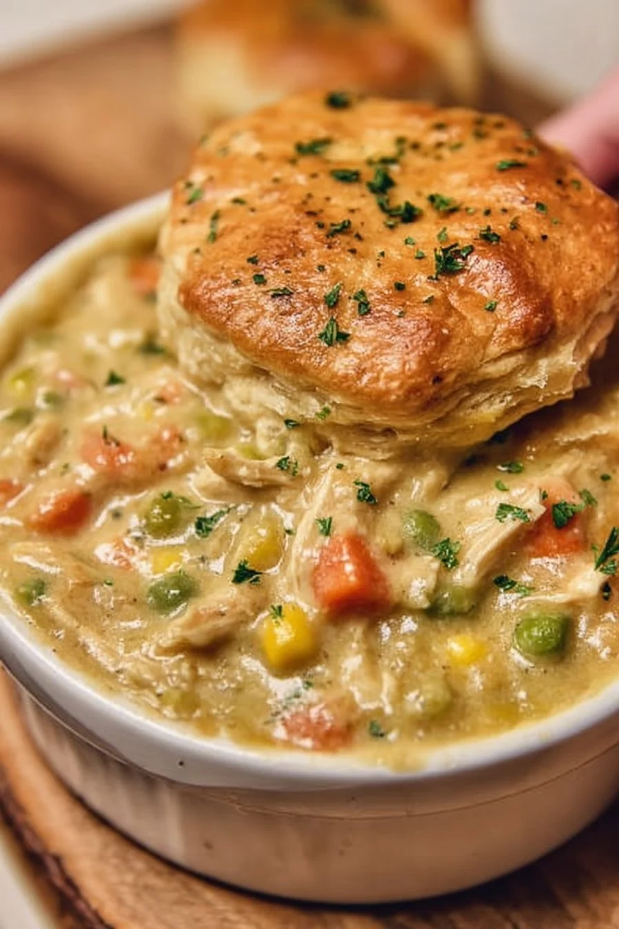 Delicious homemade Crock Pot Chicken Pot Pie ready to serve