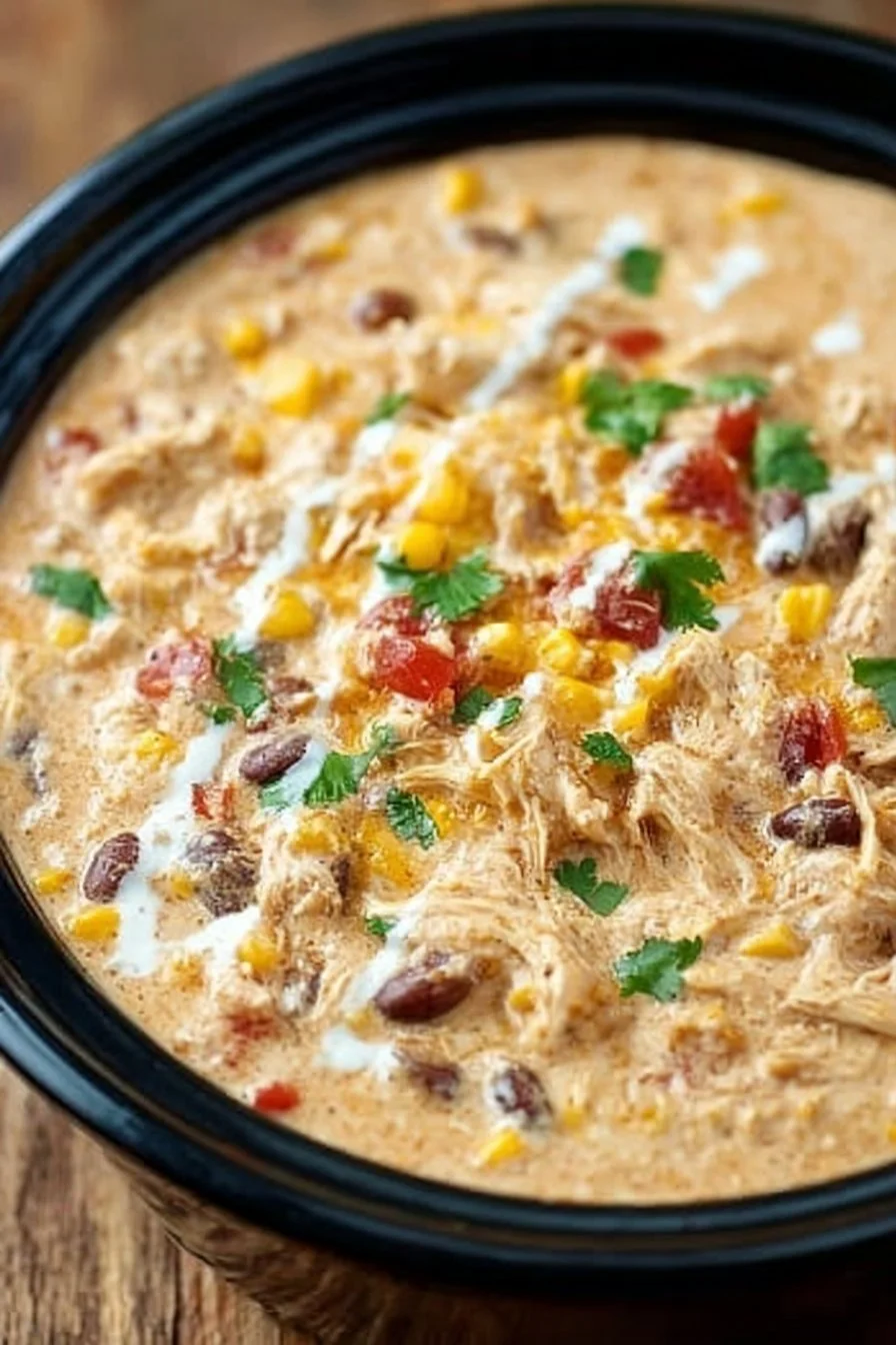 Bowl of creamy Crock Pot cream cheese chicken chili topped with green onions