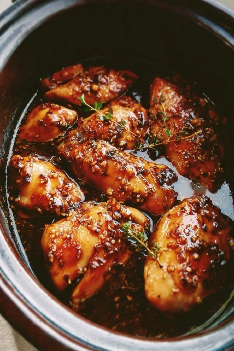 Delicious crockpot honey garlic chicken served with vegetables.