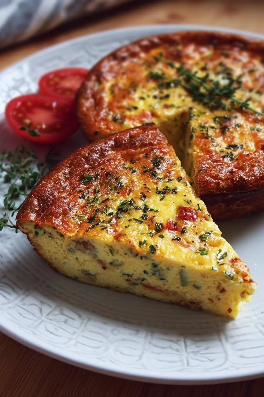 Crustless Cottage Cheese Breakfast Quiche 2 Crustless cottage cheese breakfast quiche served on a plate.