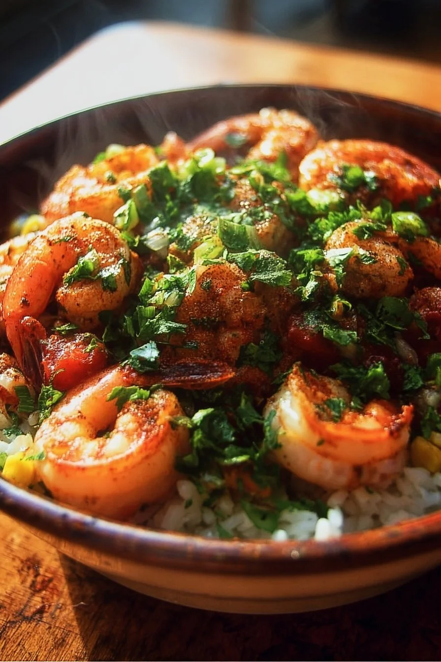 Fiesta shrimp rice bowl with colorful ingredients and flavors