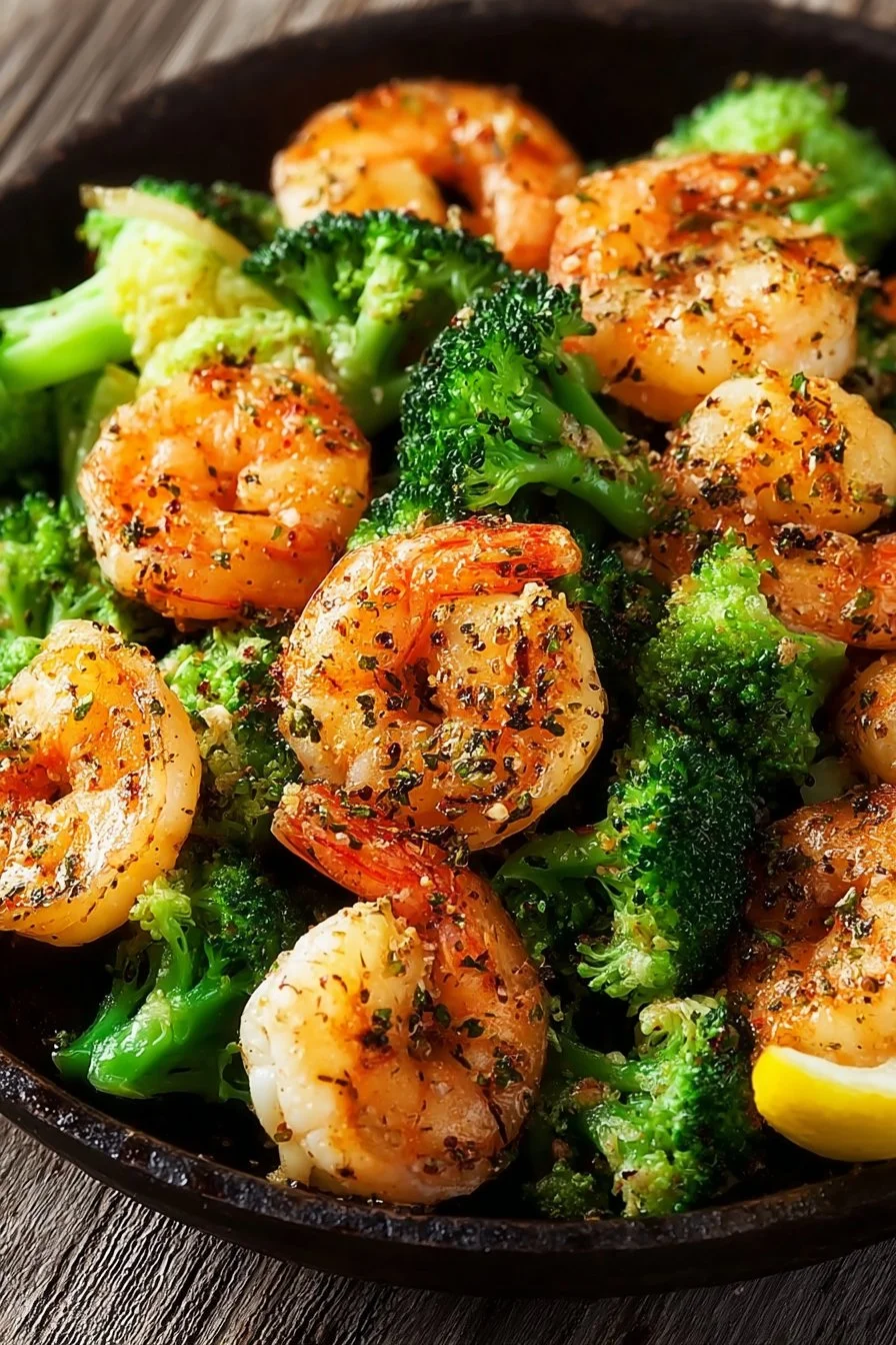 Delicious Garlic Butter Shrimp with Broccoli served in a bowl.