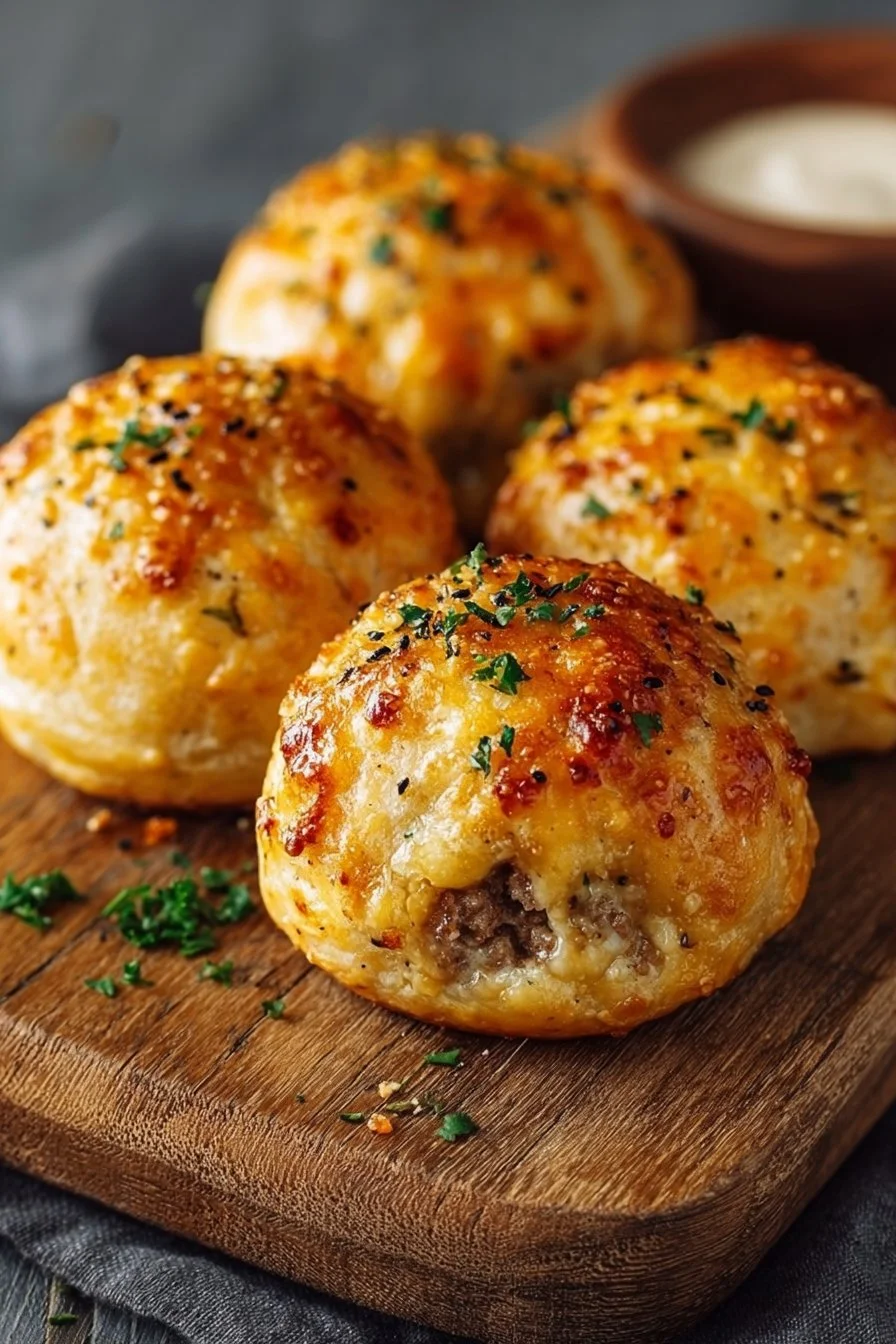 Garlic Parmesan Cheeseburger Bombs 2 Delicious Garlic Parmesan Cheeseburger Bombs served on a platter.