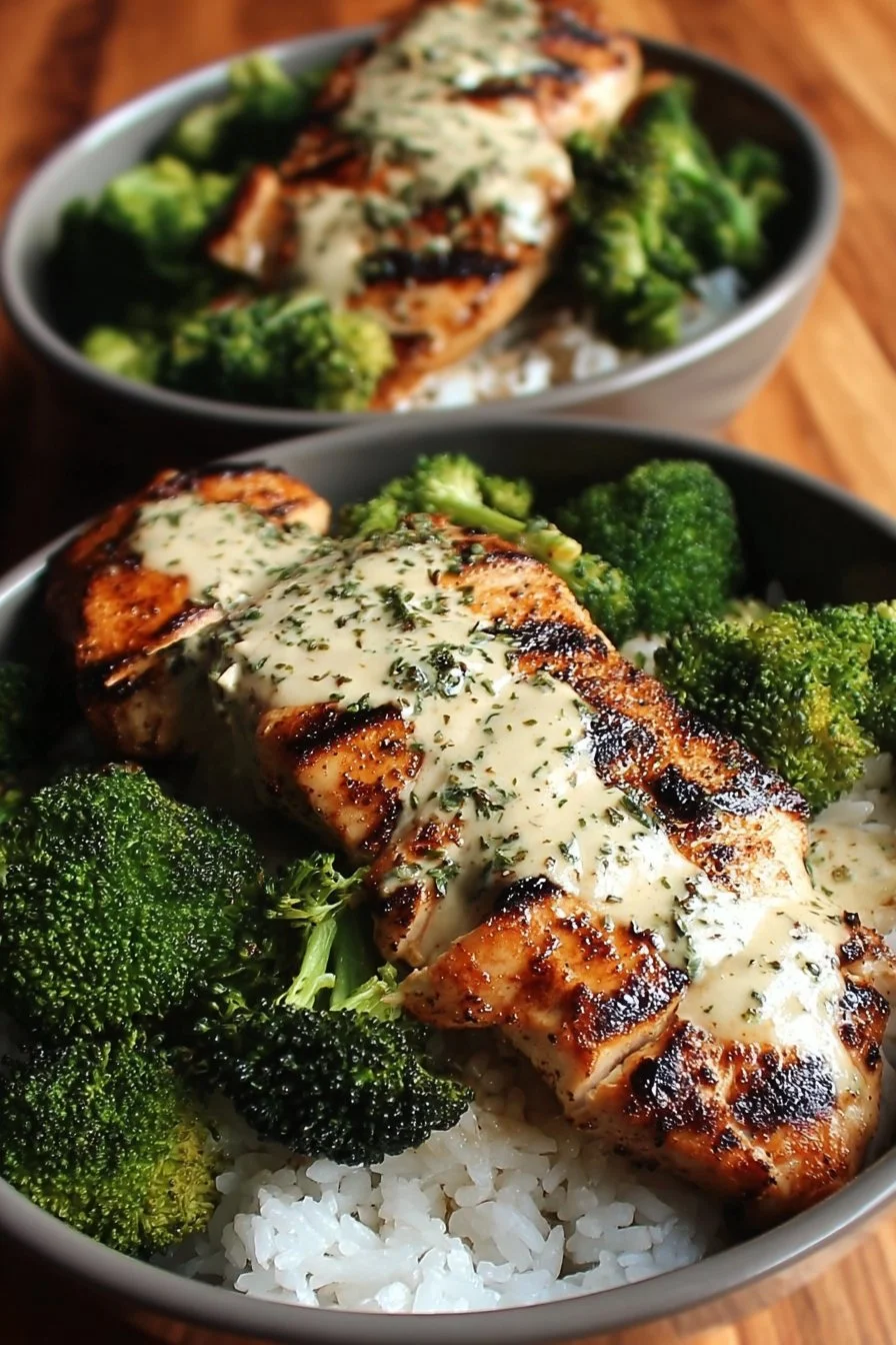 Grilled chicken and broccoli bowl with creamy garlic sauce