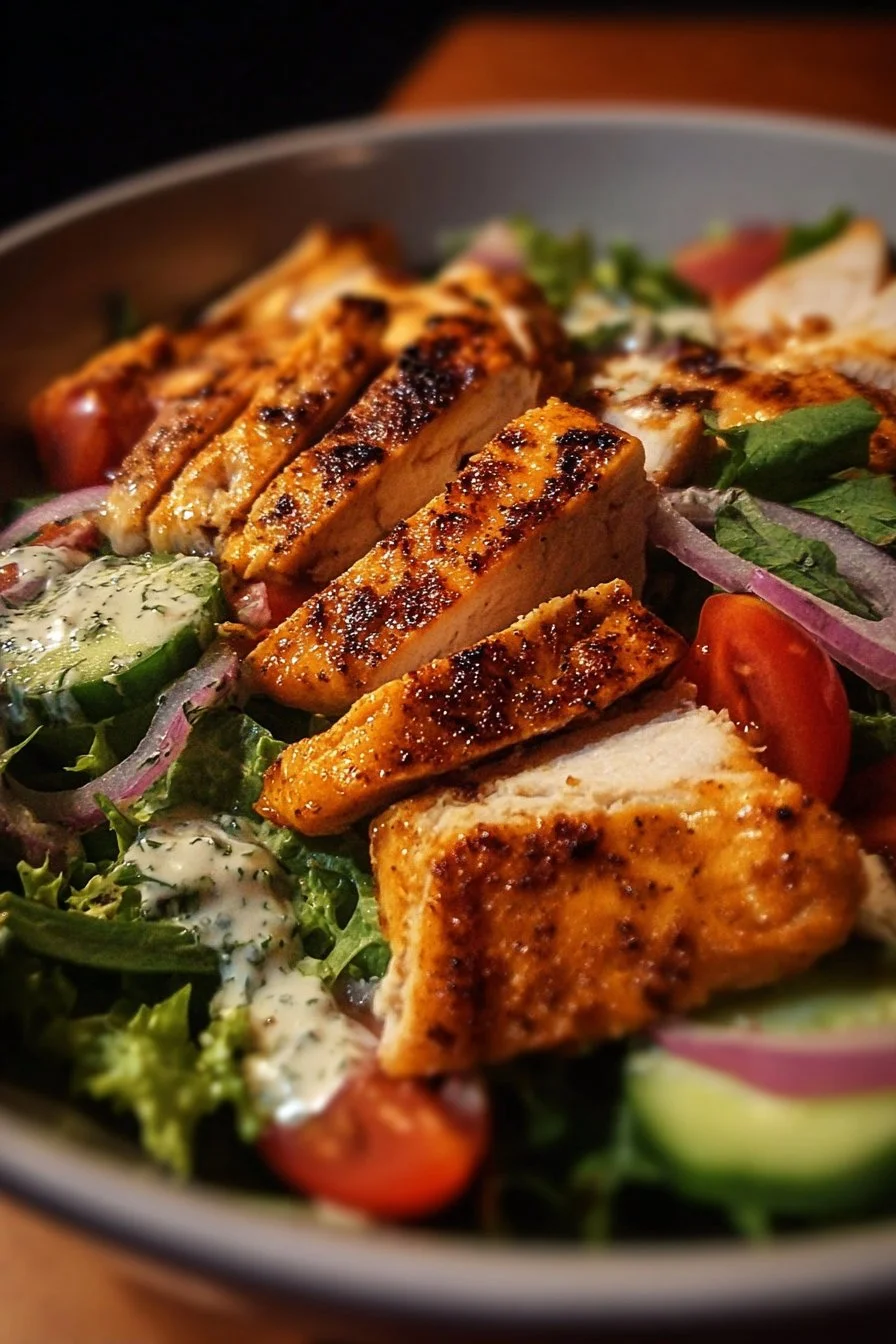 Fresh and vibrant grilled chicken salad topped with greens and veggies