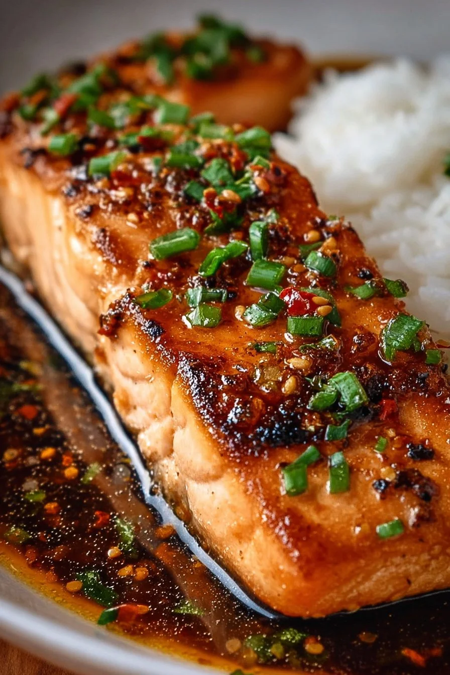Honey Garlic Glazed Salmon 2 Delicious honey garlic glazed salmon fillet garnished with green onions