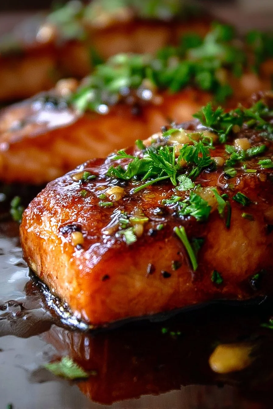 Baked Honey Garlic Salmon fillets with honey glaze and garlic.
