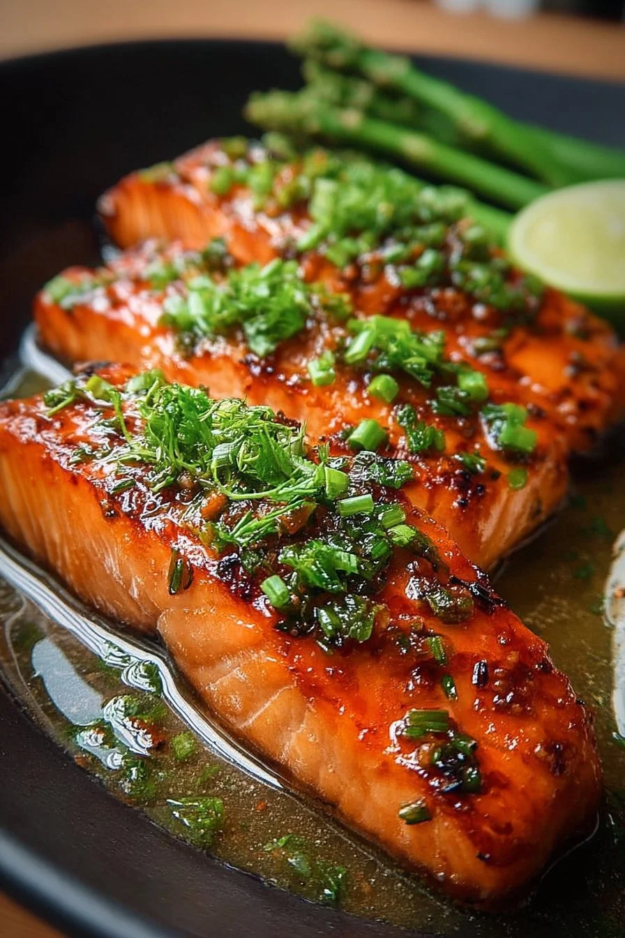 Irresistible Bang Bang Salmon in 25 Minutes or Less 2 Delicious Bang Bang Salmon served on a plate with garnishes.