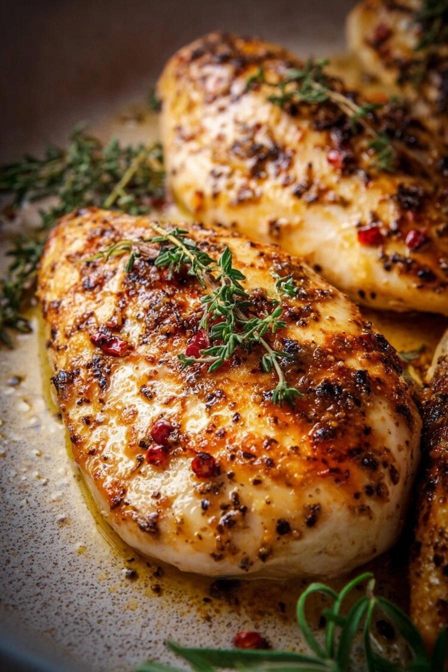 Juicy oven-baked chicken breasts served on a plate with herbs.
