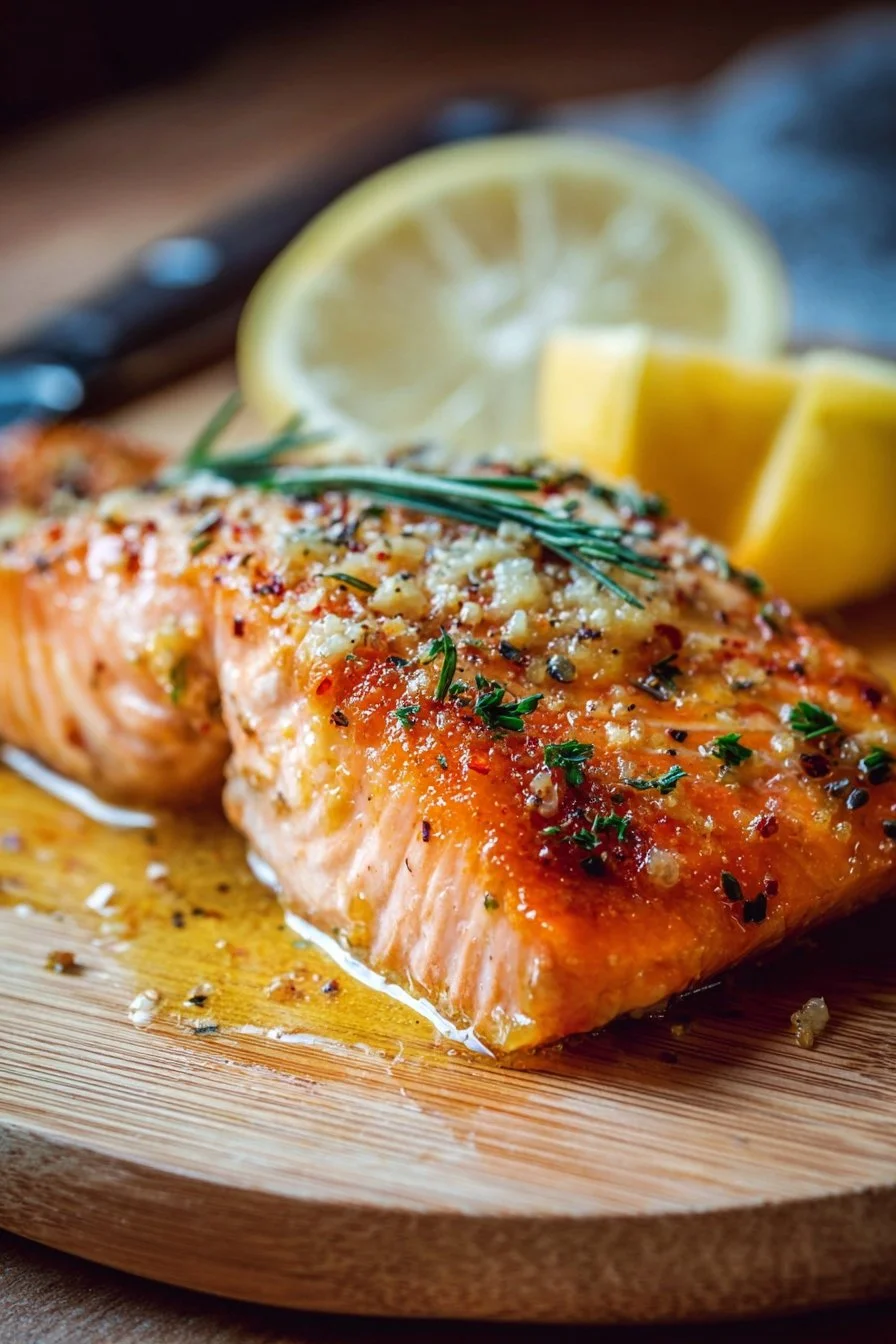 Lemon Garlic Salmon 2 Lemon Garlic Salmon fillet garnished with fresh herbs