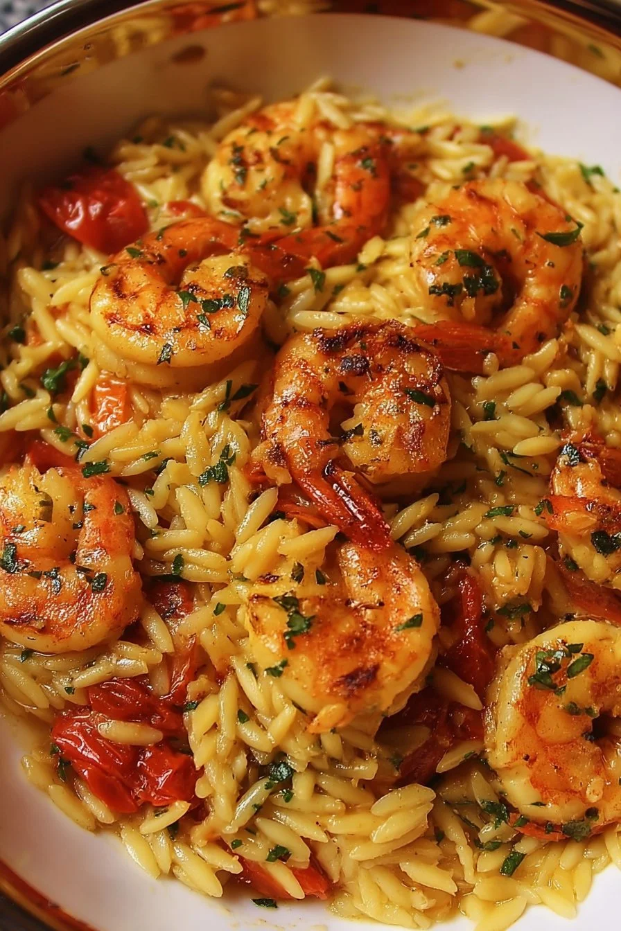 Delicious Marry Me Shrimp and Orzo dish beautifully plated with herbs.