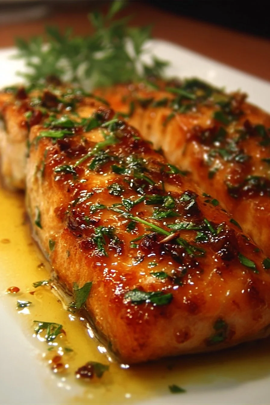 Melt-in-mouth honey garlic butter baked salmon fillet topped with herbs