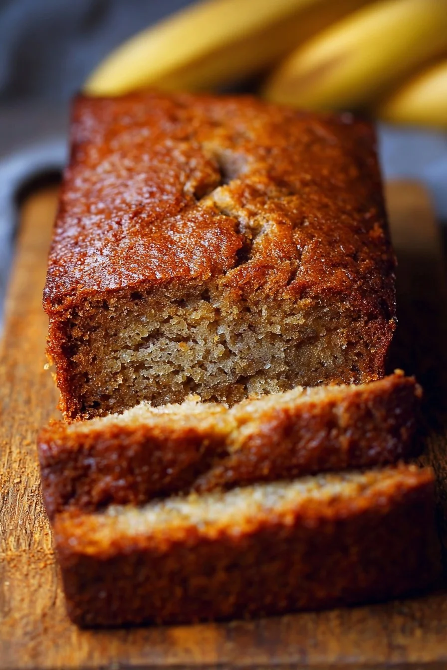 Loaf of moist banana bread on a wooden table with ripe bananas