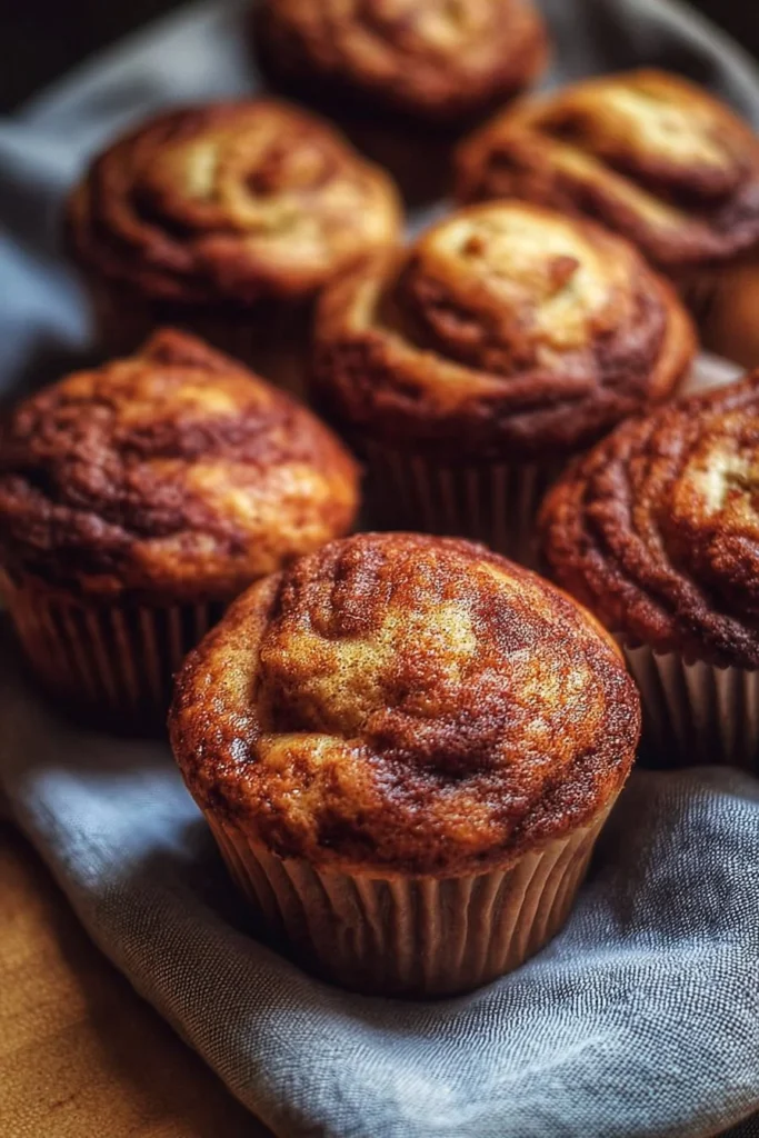Moist cinnamon swirl banana bread muffins on a wooden table.