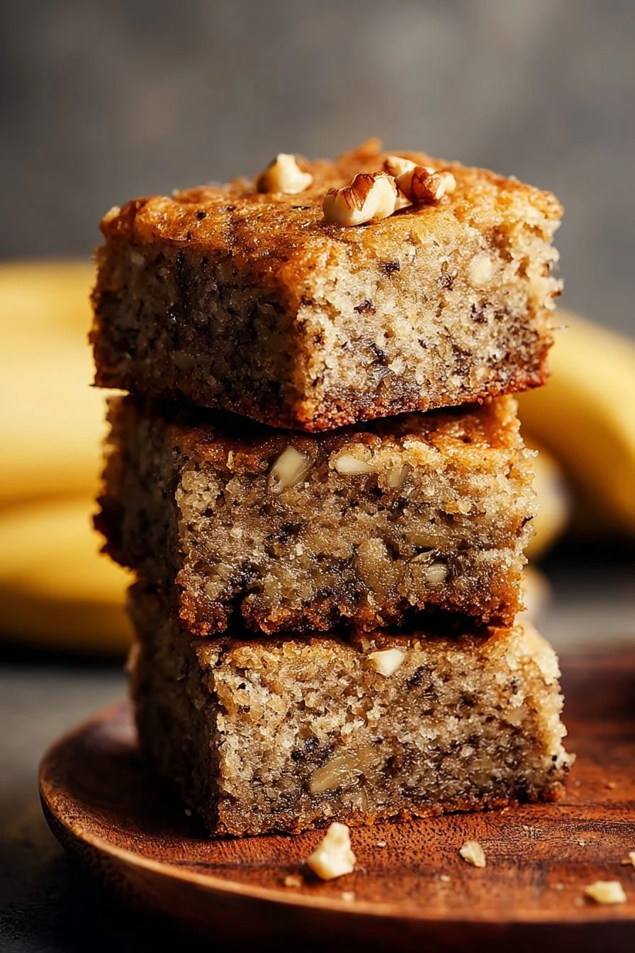 Nutty banana bread blondies topped with walnuts and chocolate chips