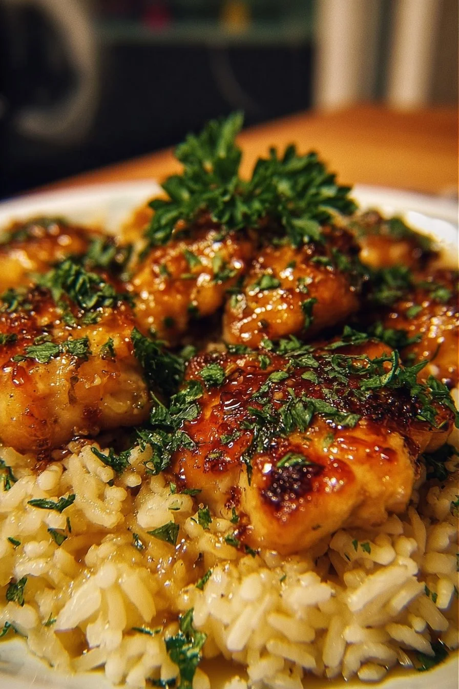One-Pan Honey Butter Garlic Chicken and Rice 2 One-Pan Honey Butter Garlic Chicken served on a plate with rice and herbs