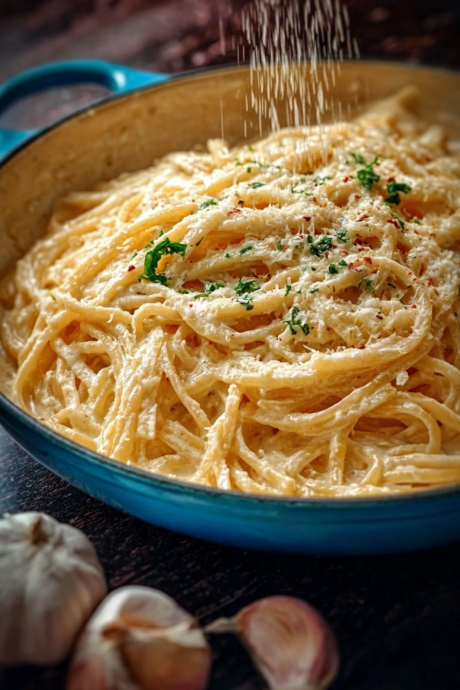 Delicious one pot creamy garlic pasta served in a bowl